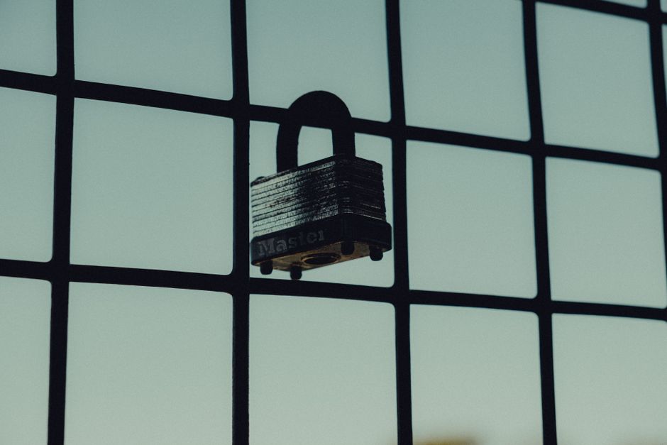 Close-up of a steel padlock on a mesh fence, symbolizing protection and security.